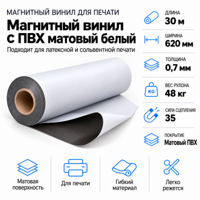 Магнитный винил с ПВХ глянц.бел.,30м*620*0,7мм, PVC-BR, AIC  в Краснодаре